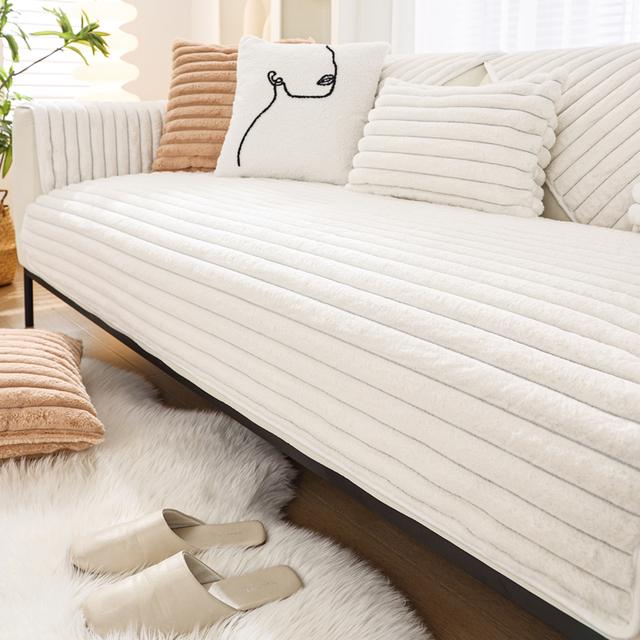 

Stripe Faux Rabbit Plush Sofa Covers Non-Slip 1 2 3 4 Seat L Shaped Thickened Ultra-Soft Armchair Slipcover Cushion cover30x50cm бежевый