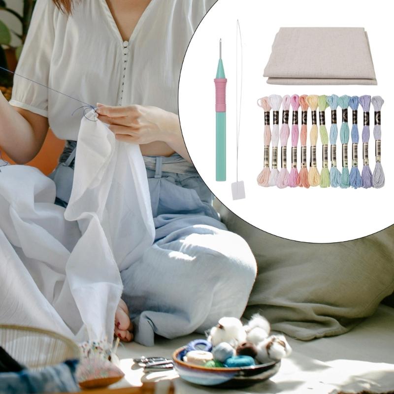 Beginner Punching Needle Embroidery Set Inlcudes 12 Color Yarn, Embroidery Cloth, Punching Needle Pen, Needle Threader