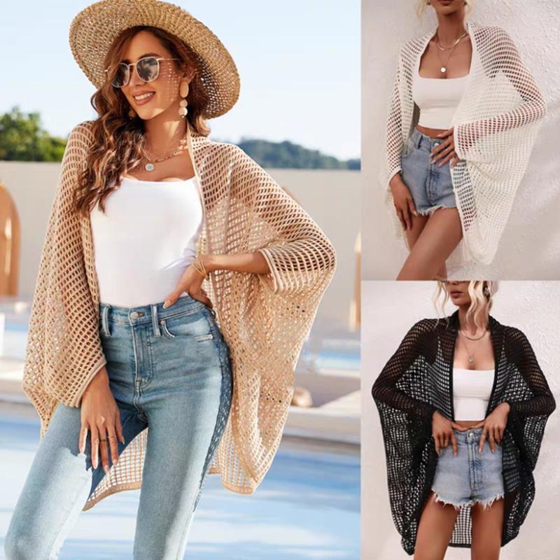 Women Sun Protection Shawl Lady Summer Hollow Out Knit Cardigan Holiday Solid Bikini Blouse Breathable Beach Cape Sexy Tippet Tops