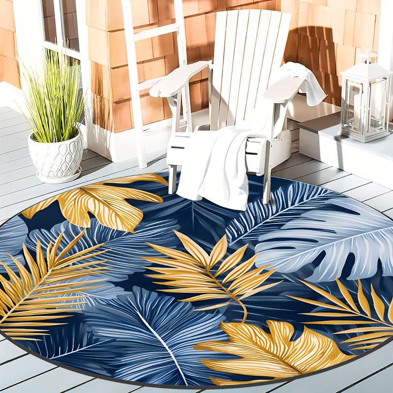 Crystal velvet carpetTropical Plant Pattern Round Mat - Soft Flannel Non-Slip Machine Washable Mat with Navy Blue & Golden Palm