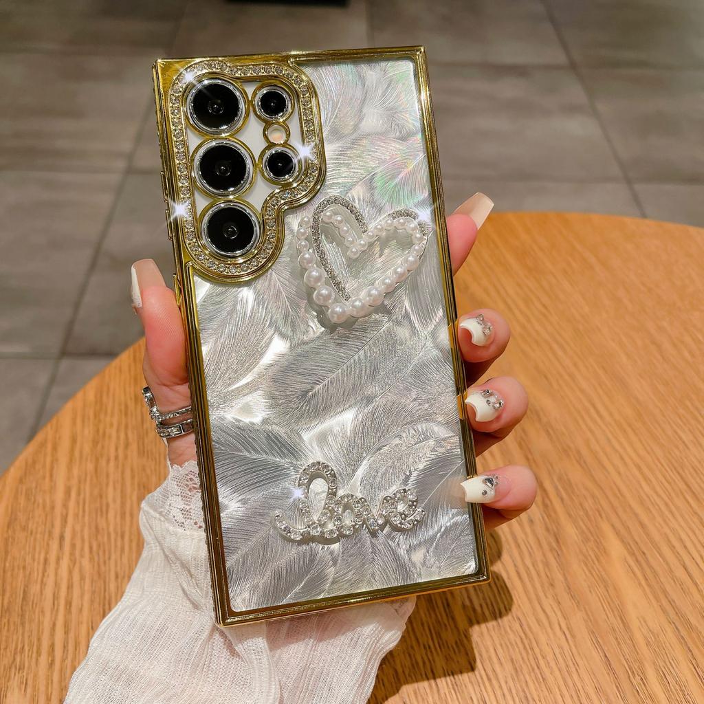 Suitable for Samsung S24 Ultra Mobile Phone Case Luxury Rhinestone S23 Laser Feather A73 Diamond Inlay Love A24 Soft Case
