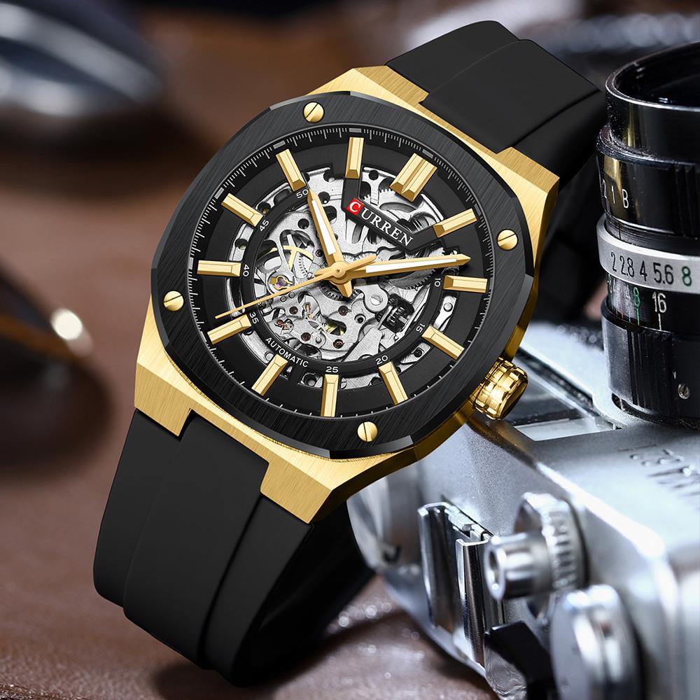 CURREN Men Automatic Mechanical Original Waterproof Silicone Strap Luminous Business Fashion Clock