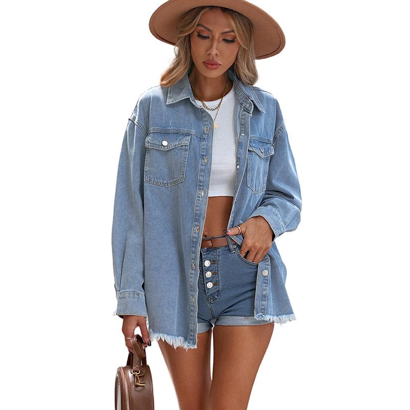 

New washed denim shirt jacket women s autumn and winter personality street style edging hem jacket women S
