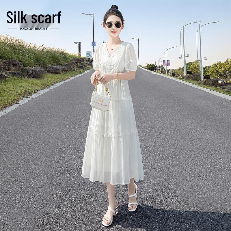 Sibaishai Women s V-Neck Elegant Spliced Midi Dress XL
