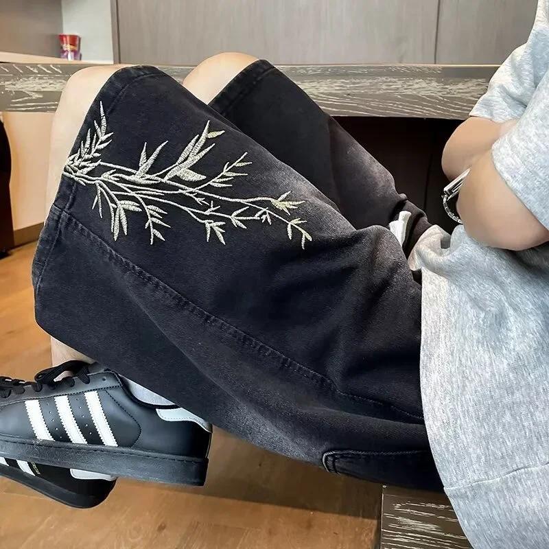 Summer Men  Embroidered Short Jean Pants Vintage Wide Leg Bermuda Hip Hop Streetwear Denim Shorts