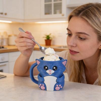 Blue Cat Ice Cream Cup Holder for 16 Oz Pints Ice Cream Cooler Container with Built-In Snack Drawer And Matching Spoon Comfortable Grip Soda
