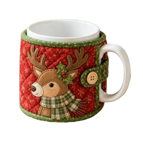 Holiday Quilted Mug Cover Craft Christmas Cozy Sewing Kit, DIY Fabric Kit with Festive Themed Kits Patterns, Sleeve Making for Beginners, Handmade