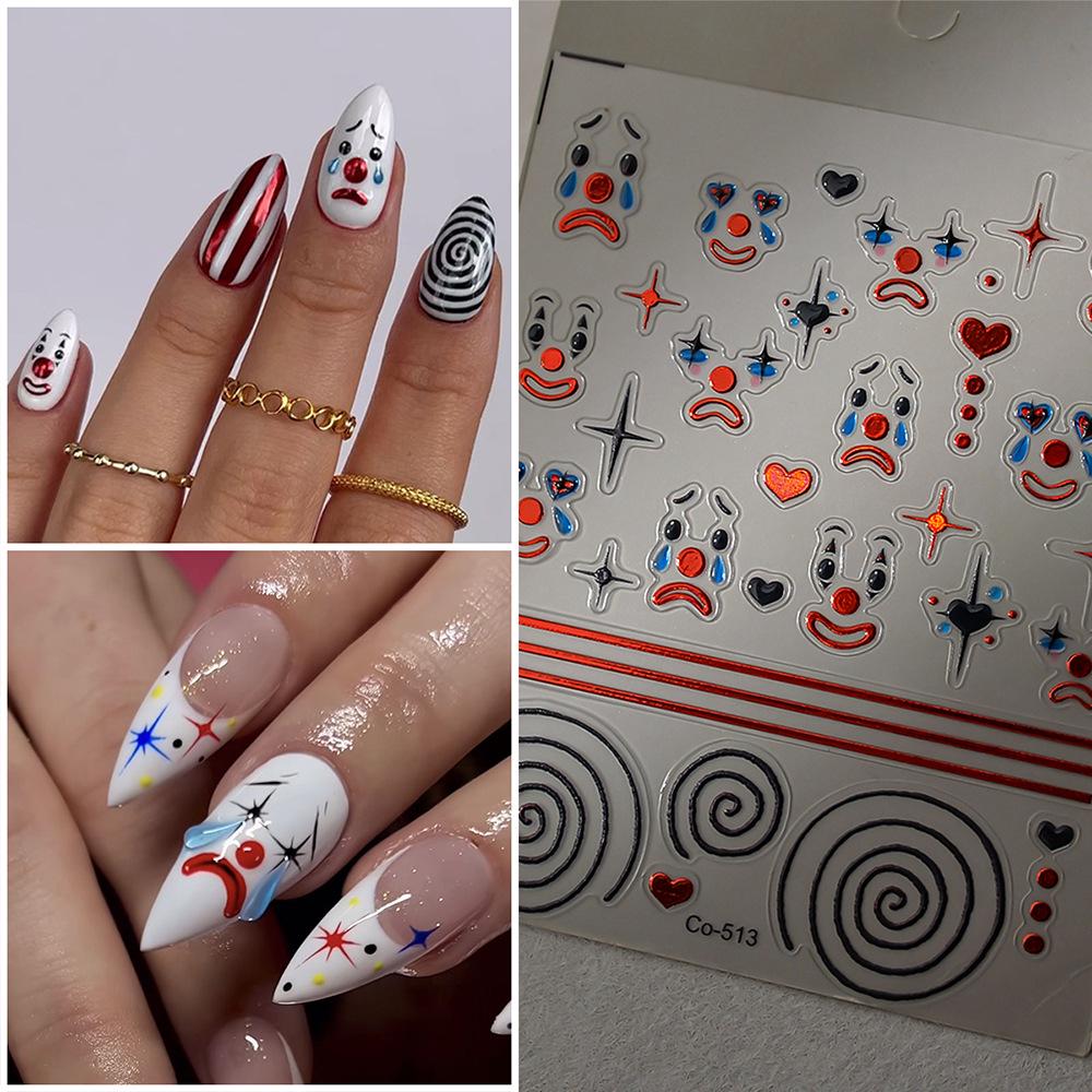 Dark Style Halloween Clown Face Nail Stickers - Embossed Jelly Design
