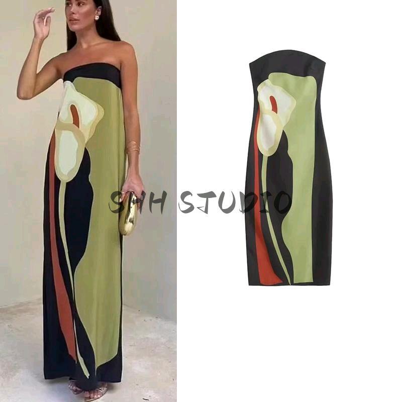 Spring New Women clothes European and American Holiday Style Sexy Backless Slim fit Slimming Sheath Print Tube Top Dress