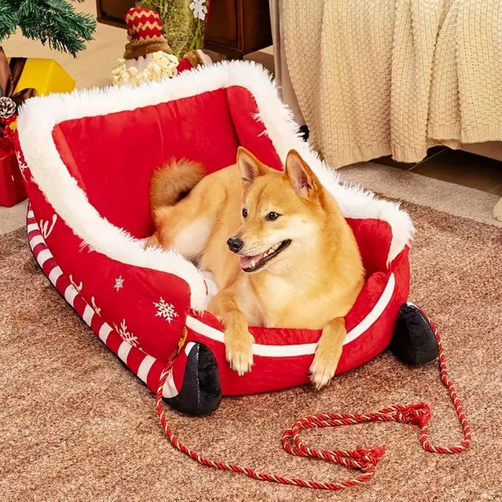 Christmas Sleigh Dog Bed W/ Non Slip Base Washable Holiday Sleeping Pet Sofa Xmas Warm Pet Bed Pad Mat for Winter Indoor Outdoor