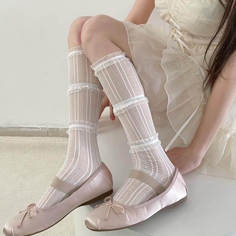 Womens Knee High Socks Girls Lace Layered Stockings Tight Socks Japanese Style Lace Socks for Skirt Shorts