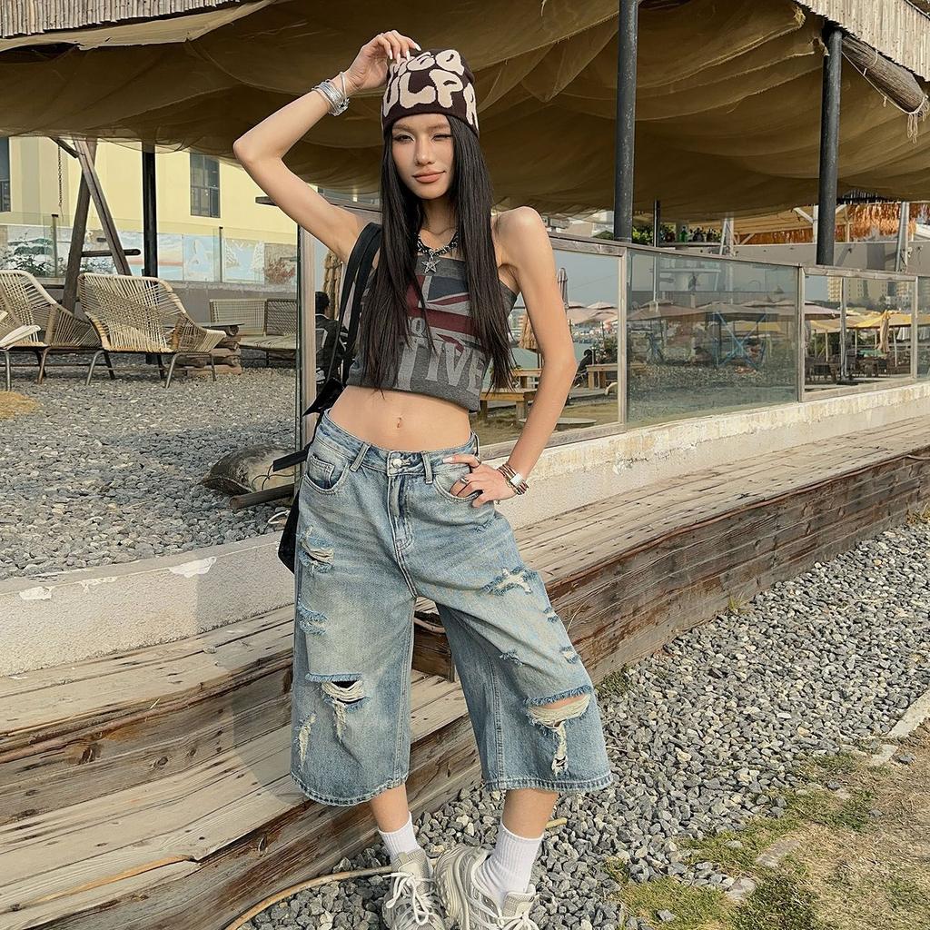Spring Vintage High Waist Ripped Loose Wide Leg Distressed Straight Cropped Capri Denim Pants For Women  Versatile Slimming FigureFlattering Design