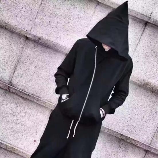 Men Hoodie Coat Hooded Solid Color Long Sleeves Zipper Cardigan Warm Hip Hop Plus Size Loose Men Fall Cloak for Street