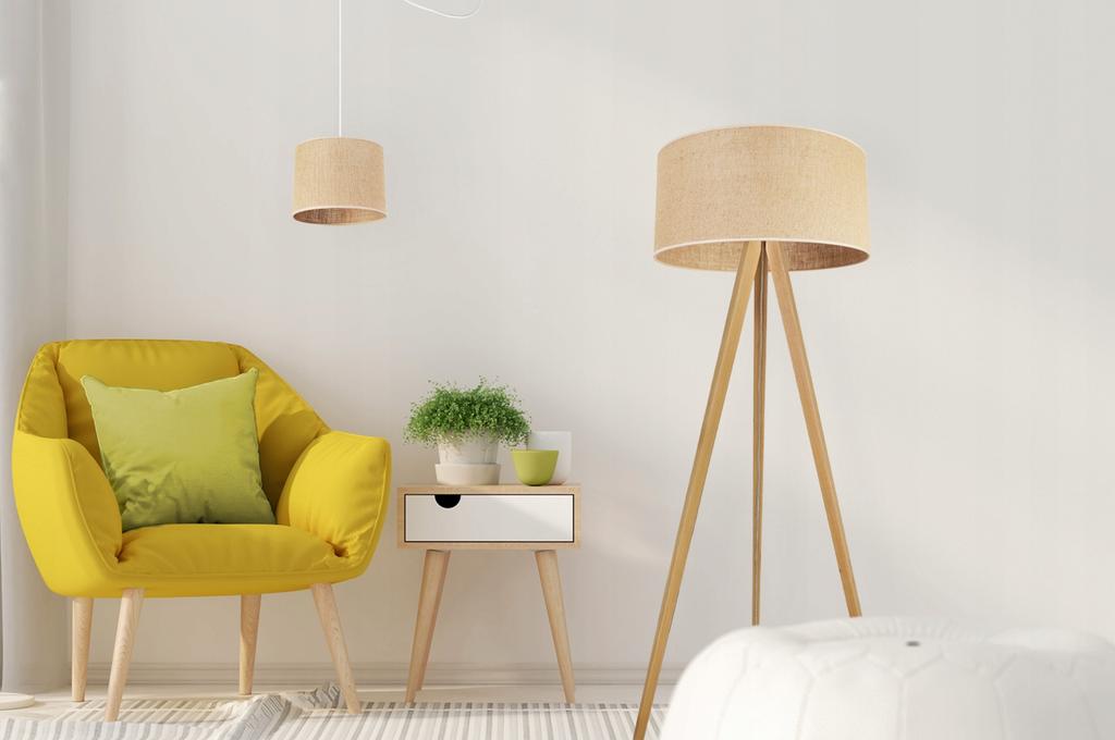 Floor Lamp Standing Tripod Wooden Lampshade 45Cm