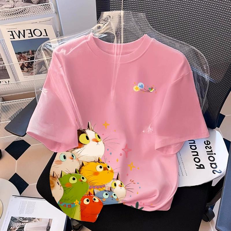 T-shirt Stampata con Grafica di Gatto Cartone Animato per Ragazza Estiva Casual da Donna per Bambini a Maniche Corte Abbigliamento