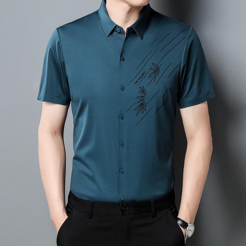 Summer New Men's Short-Sleeved Seamless Shirt Young and Middle-Aged Leisure Iron-Free Printed Shirt Lapel