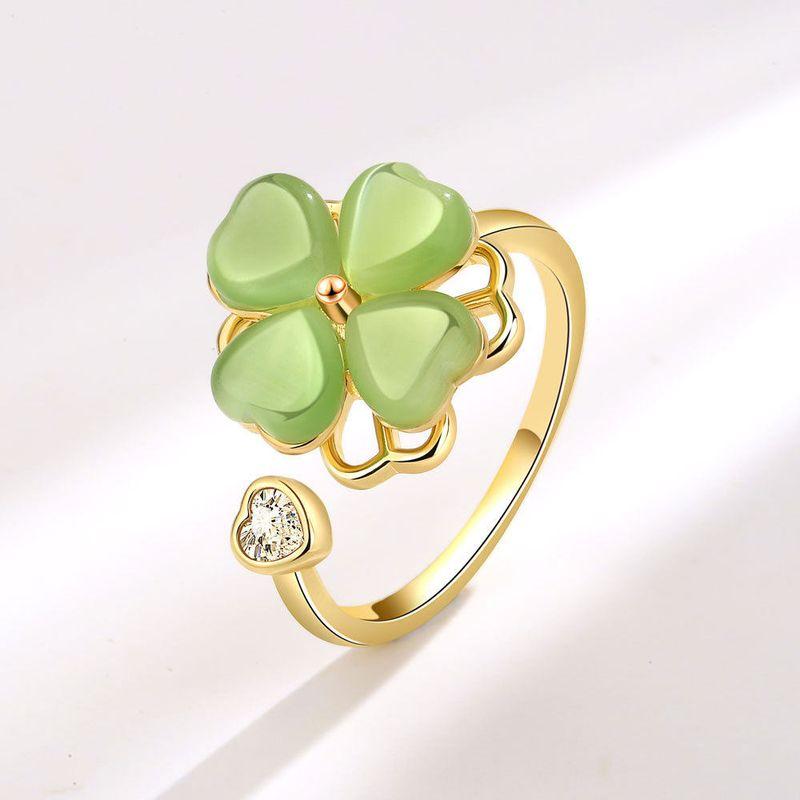

Fashion New Arrival Rotatable Green Opal Four-Leaf Clover Ring Female Ins Style Easiest for Match Fashion Ring Opening GOLD Adjustable opening