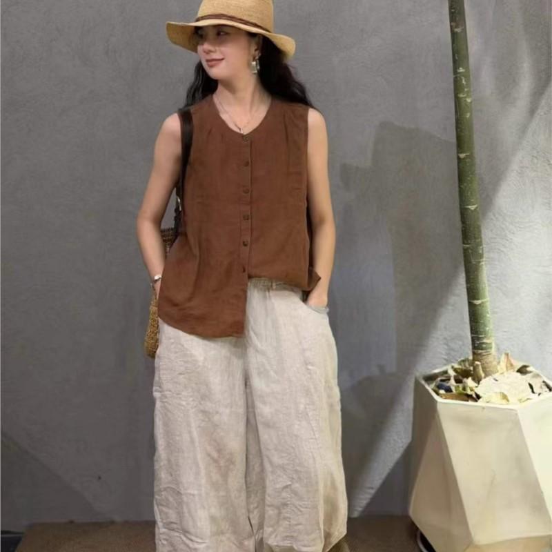 Johnature Retro Artistic Sleeveless Shirt For Women Summer Loose Casual Versatile Tops For Women