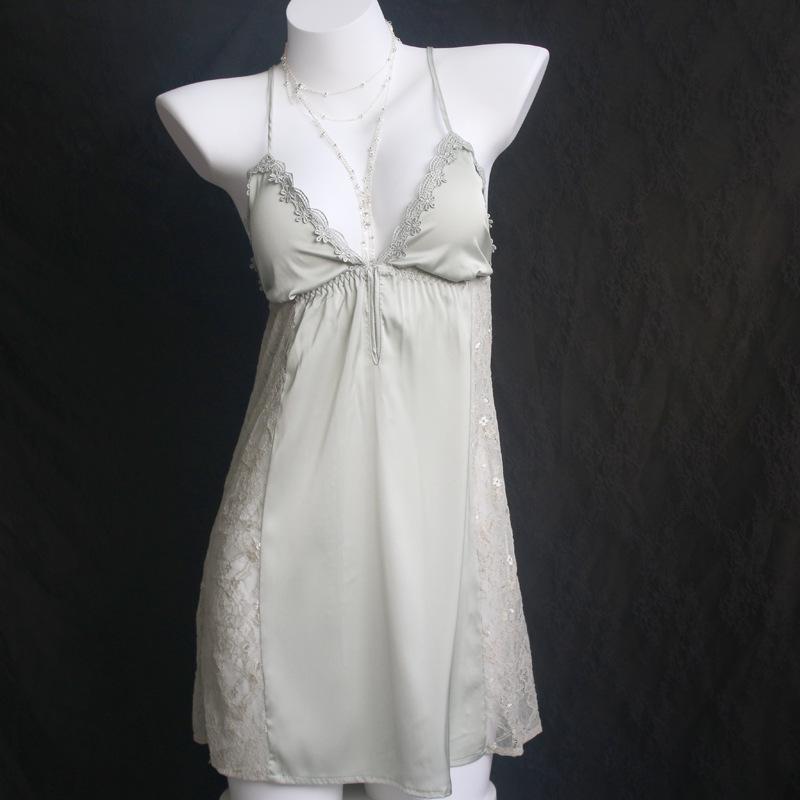 Lace Trim Padded Strappy Nightgown - Women's Spring/Summer/Autumn Collection, Front Button, Sexy & Elegant Style
