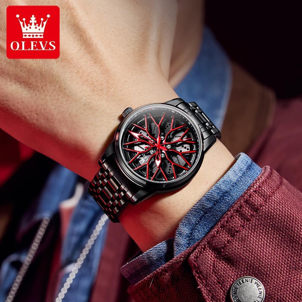 OLEVS Relógio de Pulso Masculino de Quartzo com Mostrador Rotativo 360° Fashion Roda Cubo de Roda Aro Carro Esportivo Aço Inoxidável à Prova d'Água