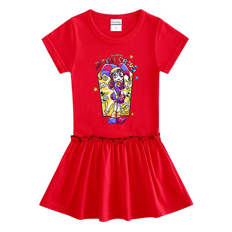2026 Summer Korean Style Cartoon Short Sleeve Girls' Dress with Color Block and Pleated Skirt