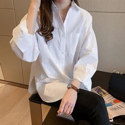 Korean Plus Size Solid Color Blouse for Women - Simple, Slimming, Loose Fit, 2025 Spring/Autumn Collection