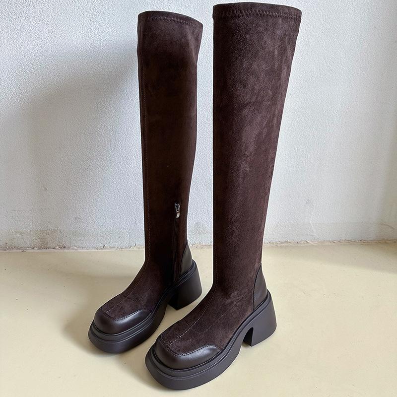 Over-knee boots women s new square heel side zipper suede knight boots sexy versatile elastic boots 35 коричневый 6398₽