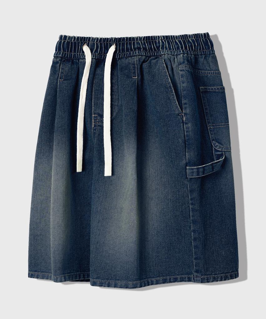 LEMAIN SECOND Bermuda Wide One-Pleat Carpenter Washed Denim Banding Shorts [Yellow Wash]