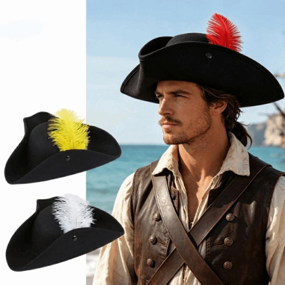 Classic Retro Tricorn Hat Wide Brim Pirate Headwear Pirate Feathers Hat Halloween Party