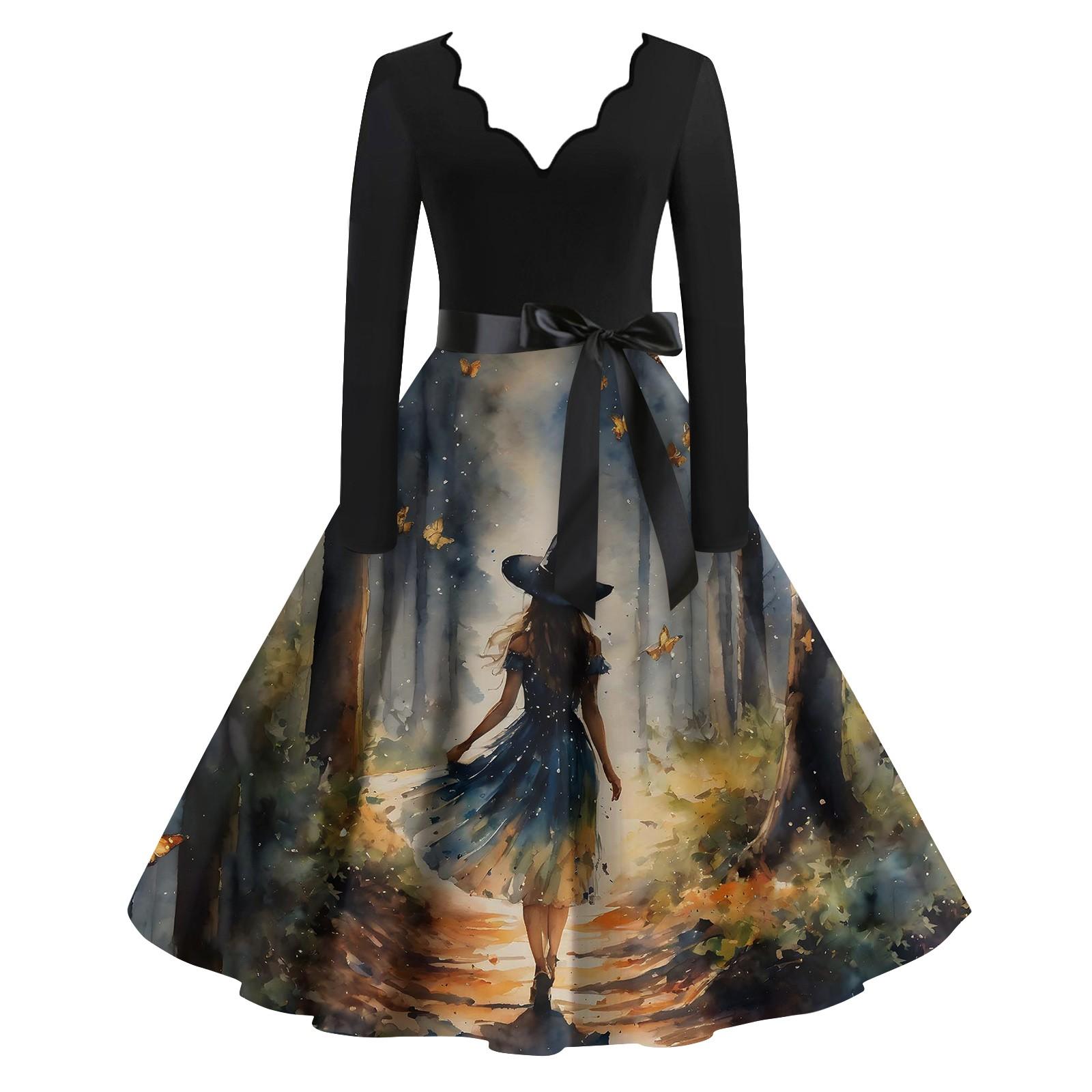 

Женские повседневные модные винтажные длинные платья с длинным рукавом на Хэллоуин и графическим принтом XXL