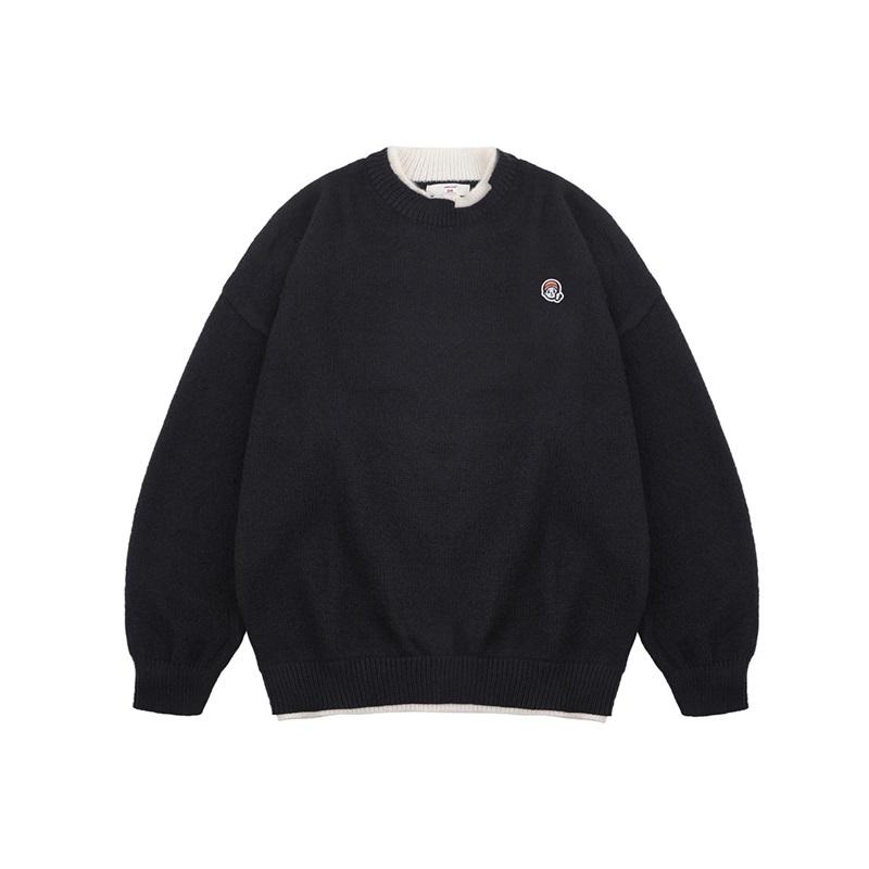 Men's Fake Two Piece Knit Sweater Crew Neck Casual Embroidered Pullover