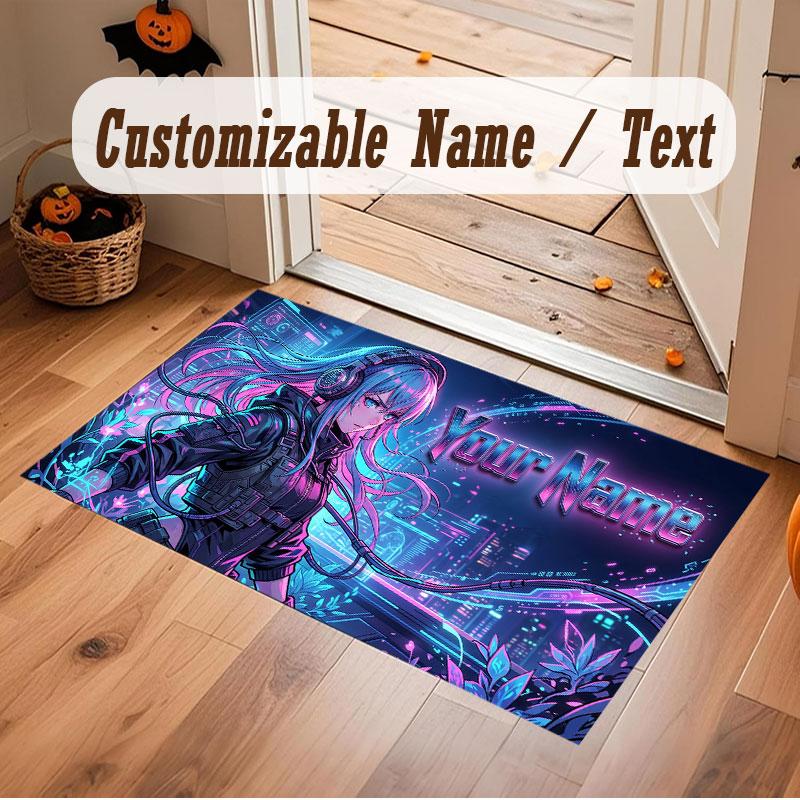 Stadt Cyberpunk Thema Kristall Samt Boden Teppich Personalisiert Benutzerdefinierter Name Text Warmer Teppich Heimdekoration