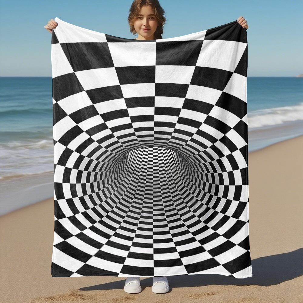 1PC Checkerboard TunnelOutdoor Flannel Blanket - Soft Plush Decor for Picnics, Camping, Bedroom, Playroom, Office, or Lunch Break 1338A