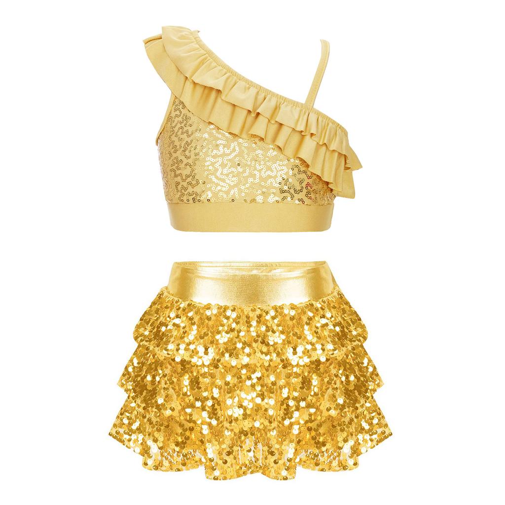 Girls Shiny Sequins Ruffle Crop Top Asymmetrical Shoulder Straps Tiered Skirted Shorts Culottes Dance Set