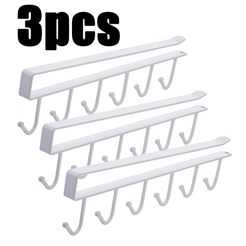 1/1/1PC 6 Hooks Kitchen Cabinet Storage Rack Free Wardrobe Kitchen Bathroom Organizer Punch-free Hanging Cup Holder Hooks