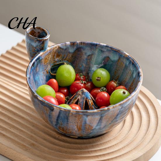 Blueberry Cleaning Basin Ceramic Berry Washing Bowl with Drainage Holes, Multifunctional Fruit Fresh Produce Colander Basin, Swirl Design Vegetable