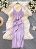 European and American elegant casual temperament V-neck waist and thin knitted dress with belt suspender dress