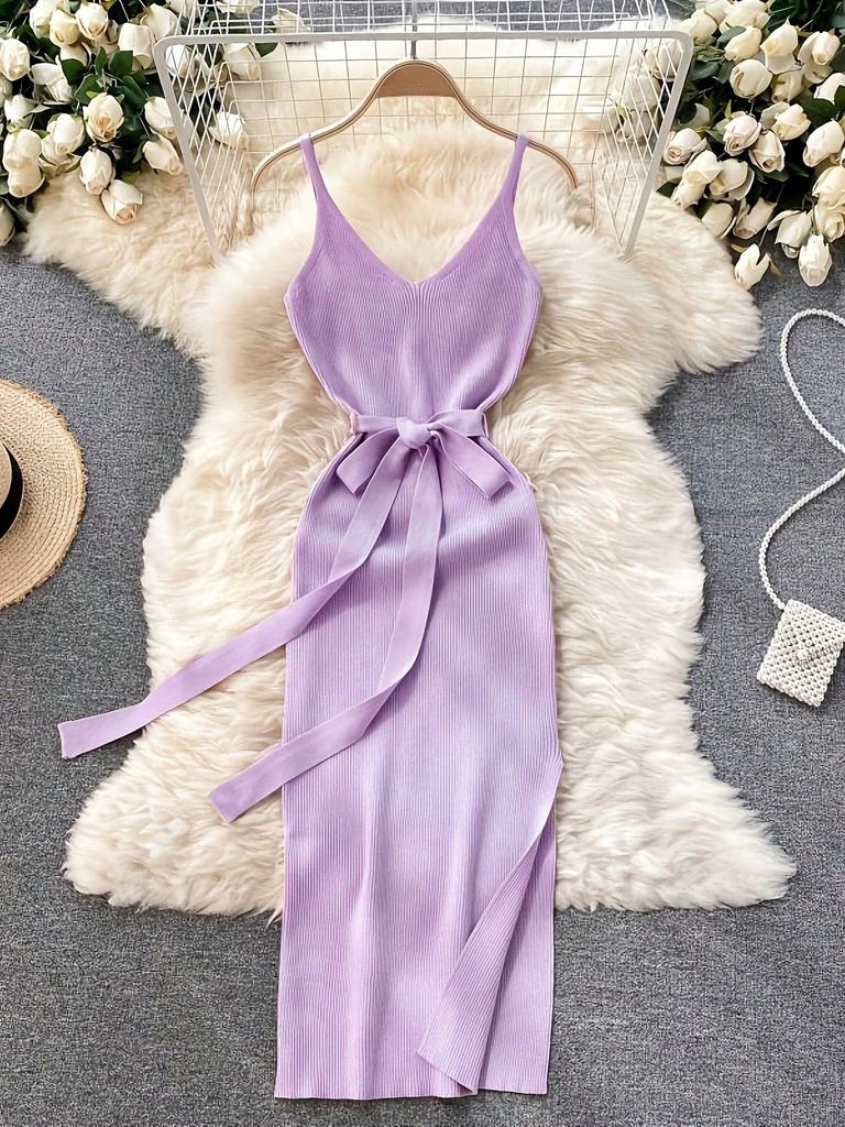 European and American elegant casual temperament V-neck waist and thin knitted dress with belt suspender dress