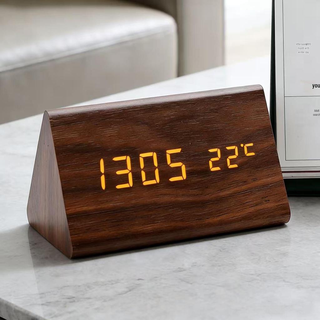 Voice-Activated Wooden Office Silent Multifunctional Digital Clock with Temperature Display and Student Alarm