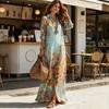 Dámské boho tištěné košilové maxi šaty, 3/4 rukáv, zapínání na knoflíky, dlouhé šaty, letní ležérní volné splývavé plážové šaty