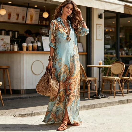 Women's Boho Printed Shirt Maxi Dress, 3/4 Sleeve Button Down Long Dress, Summer Casual Loose Flowy Beach Vacation