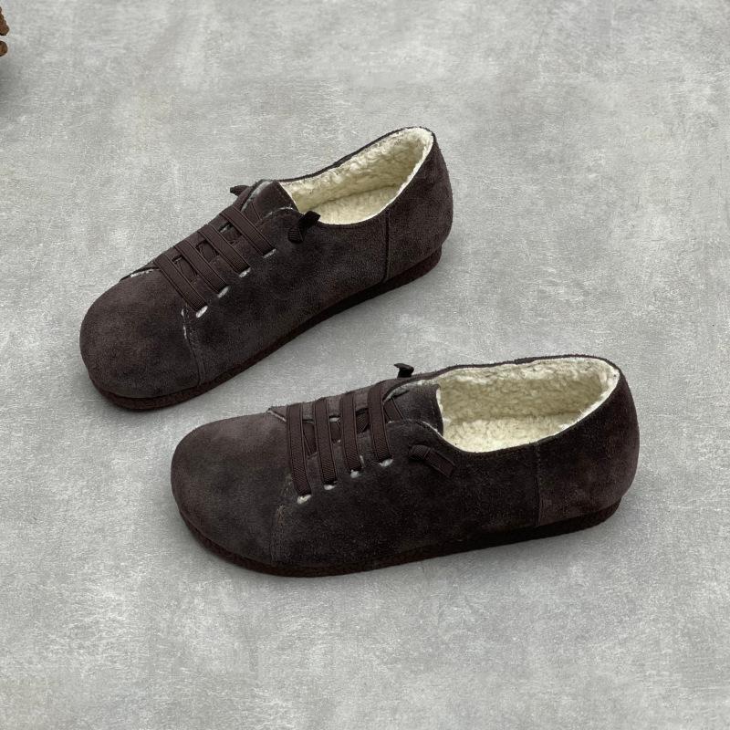Johnature Retro Plüsch Damenschuhe Rinds Wildleder Flachboden Wildleder Lässig Elastisches Band Warme Baumwollschuhe