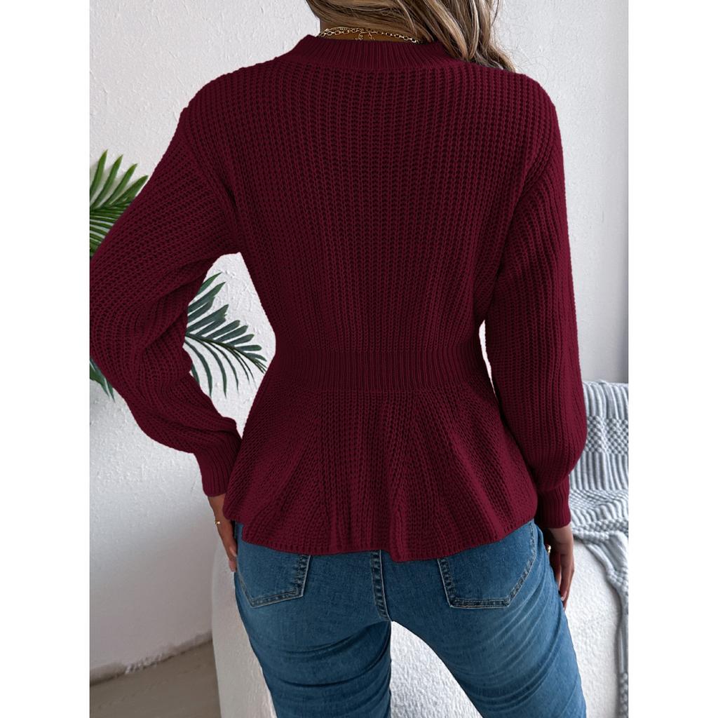QICED Autumn and Winter Solid-color Braided Waist-cinched Ruffled Long-sleeved Pullover Sweater for Women