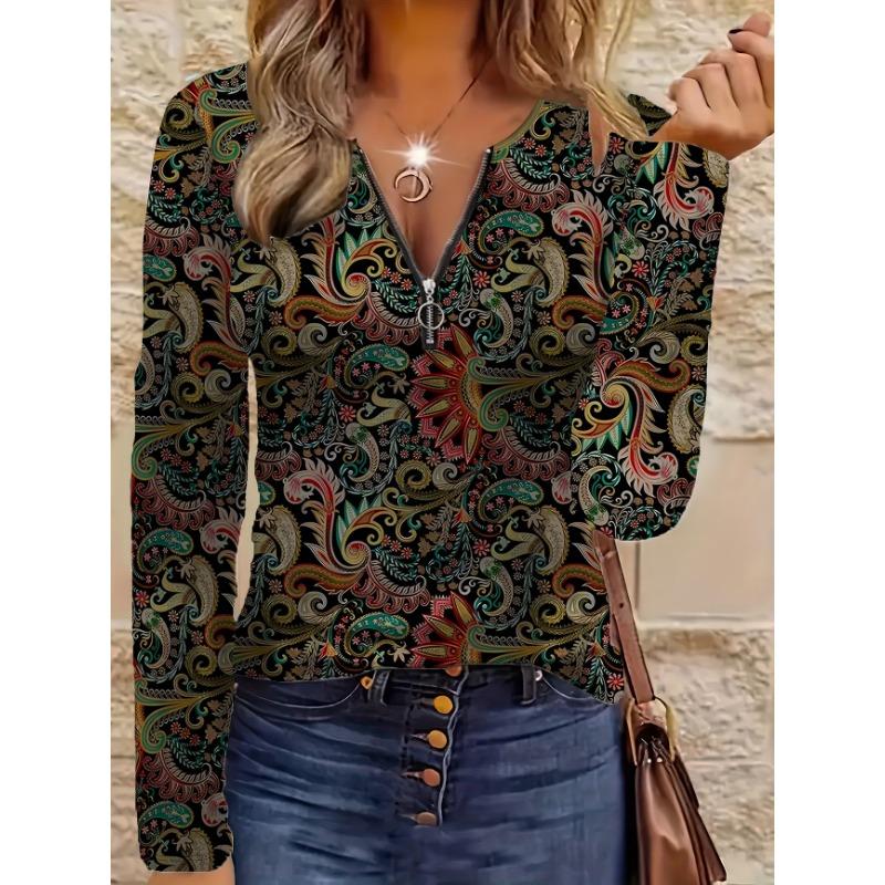 Women's spring and autumn fashionable long-sleeved zipper T-shirt - 3D full body digital printing design party wear