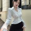 Lace Clothing Sleeves Korean Style Blouse V-neck Slim Buttons Shirts  Business