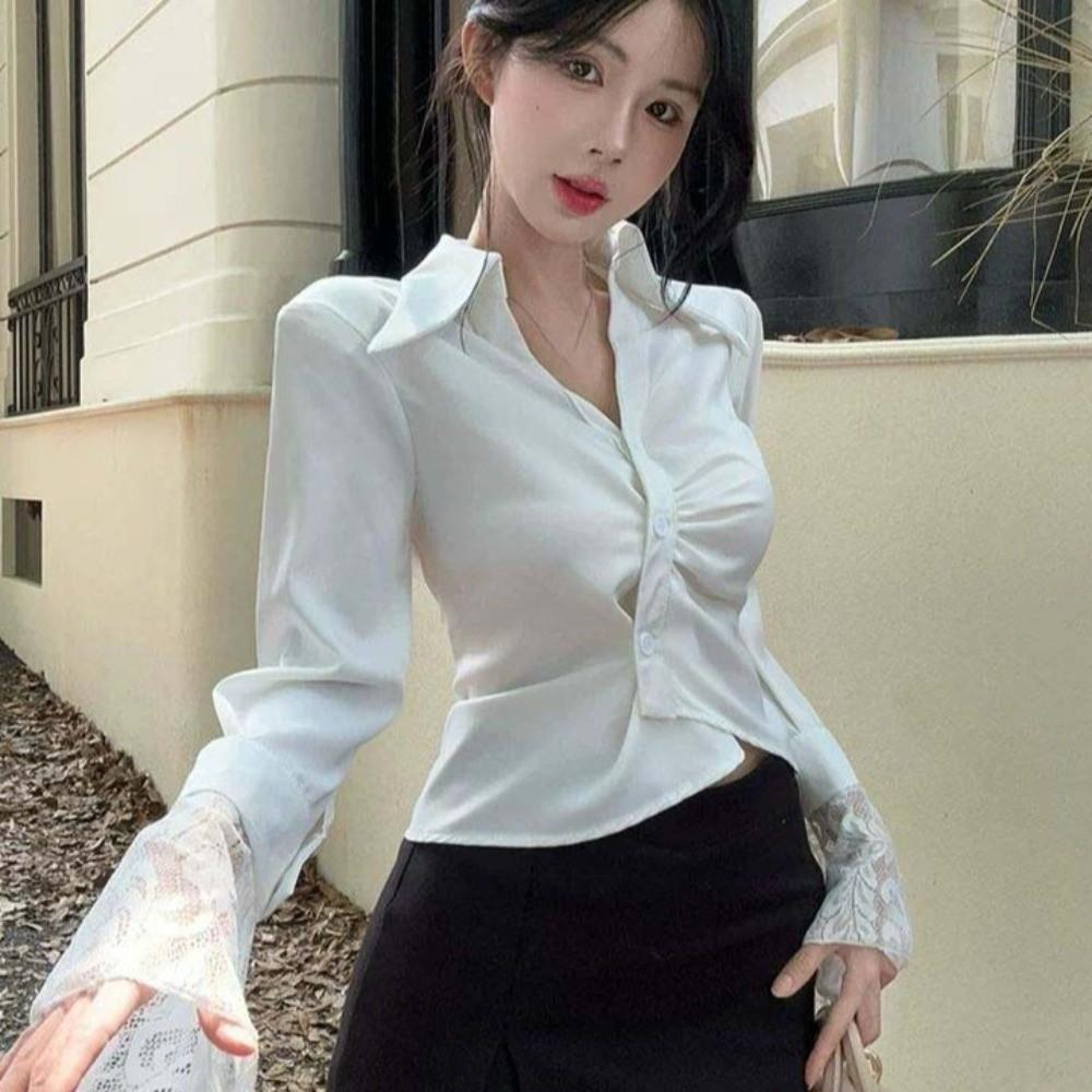 Lace Clothing Sleeves Korean Style Blouse V-neck Slim Buttons Shirts Business