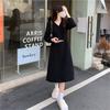 Women's V-Neck Long Sleeve Midi Dress Korean Style Solid Color A-Line Swing Dress Casual Elegant Button Down Dress For Spring Autumn