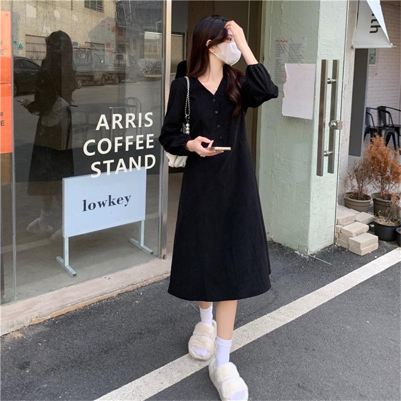 Women's V-Neck Long Sleeve Midi Dress Korean Style Solid Color A-Line Swing Dress Casual Elegant Button Down Dress For Spring Autumn