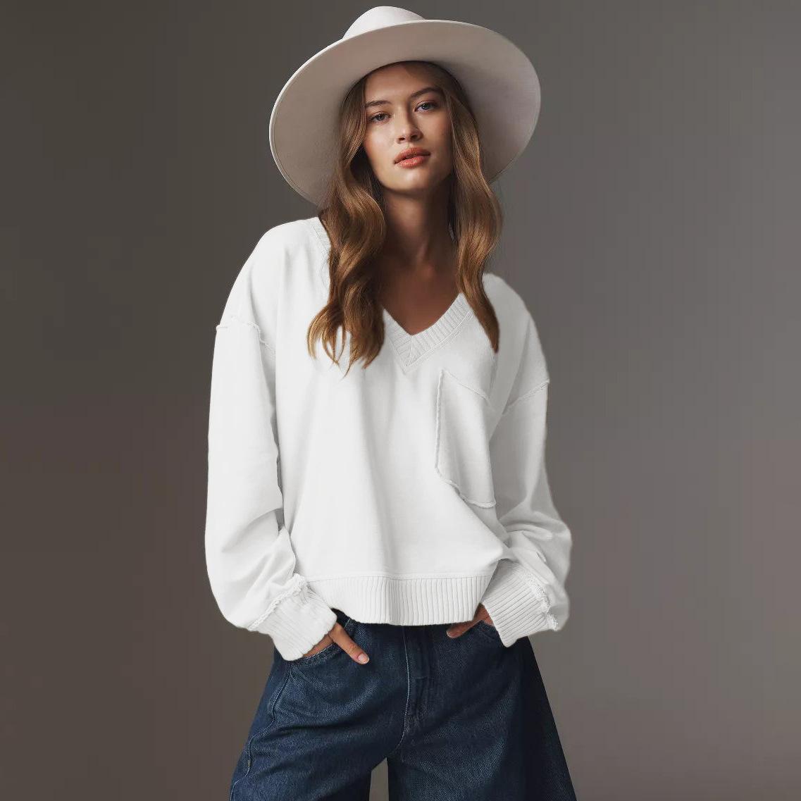 

Женский трикотажный пуловер с длинным рукавом, повседневный джемпер, удобный V-образный вырез, облегающий крой, повседневный топ XL белый