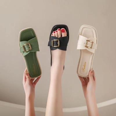Flat-bottomed Slippers Women's Summer Outer Wear Square Buckle Beach Student Leisure One-word Sandals And Slippers